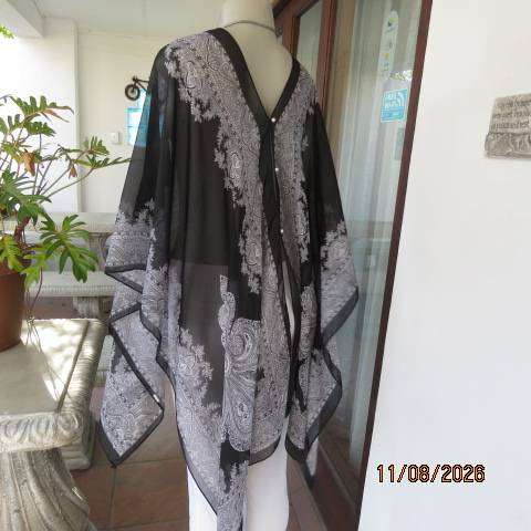 Black and white baroque print sheer polyester throw with tiny white buttons  fits all