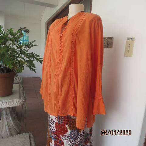 WOOLWORTHS neon orange slightly creased long sleeve slip over cotton top. Size 48
