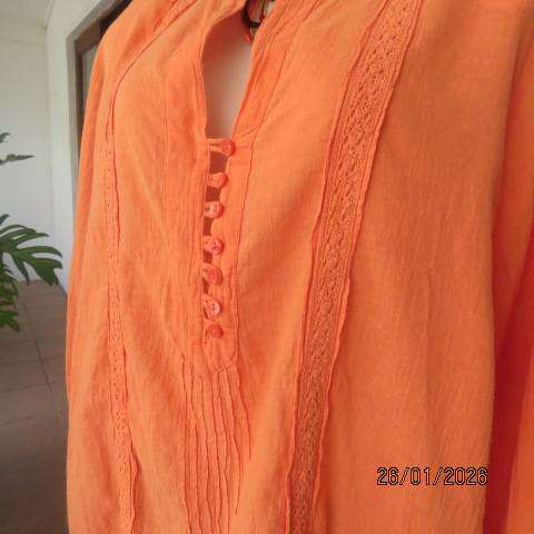 WOOLWORTHS neon orange slightly creased long sleeve slip over cotton top. Size 48