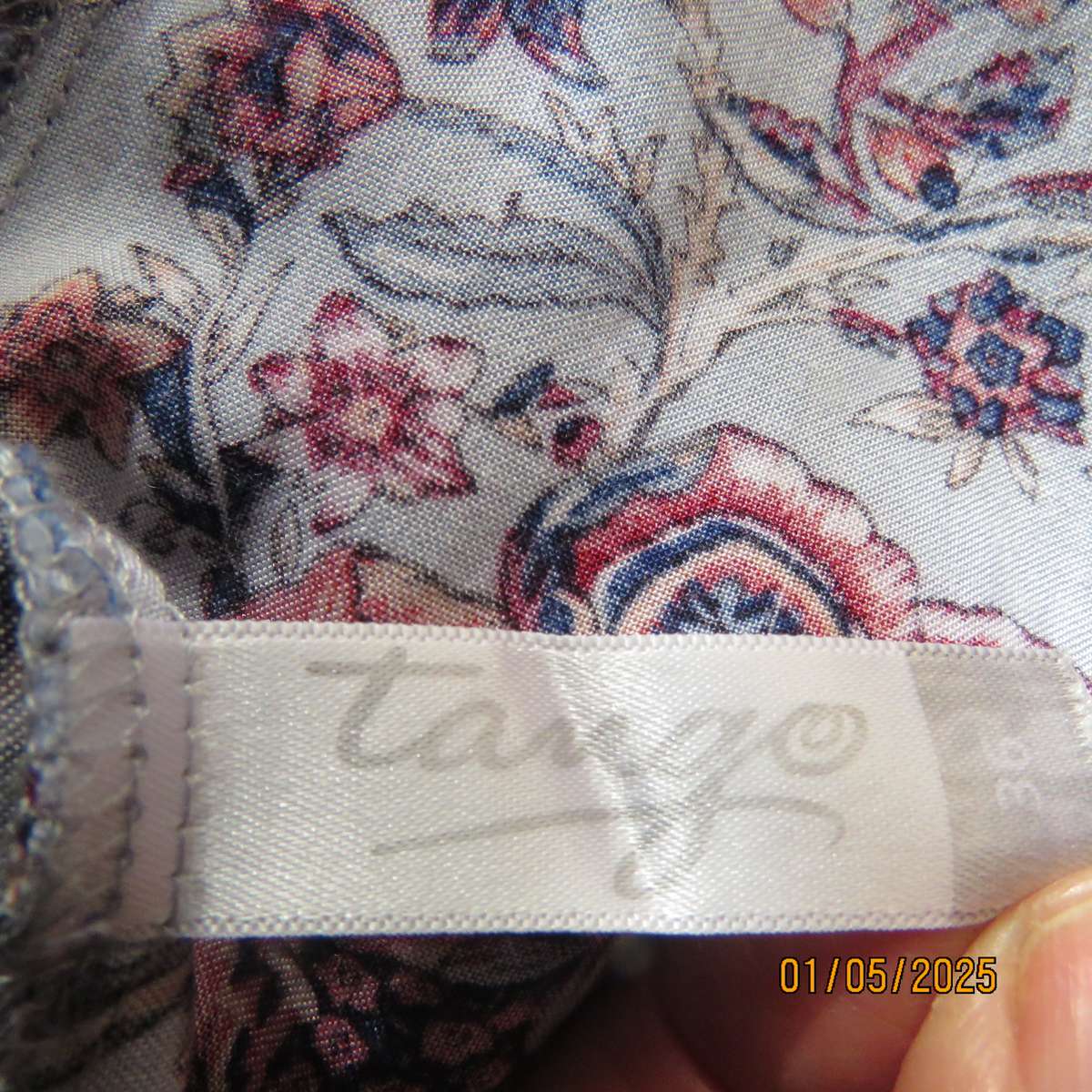 TANGO summer strappy dress in pale blue-rust-navy flowers. Size 36.