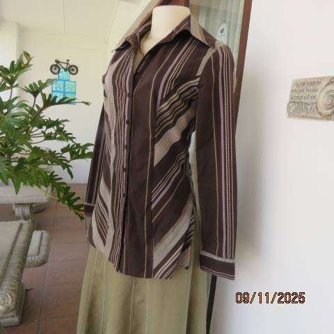 TRUWORTHS brown-ecru-beige vertical striped button down long tailored top size 32