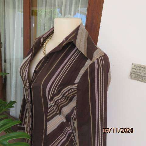 TRUWORTHS brown-ecru-beige vertical striped button down long tailored top size 32