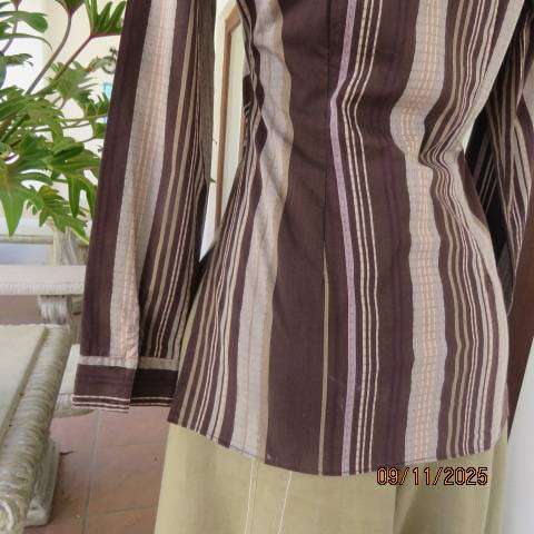 TRUWORTHS brown-ecru-beige vertical striped button down long tailored top size 32