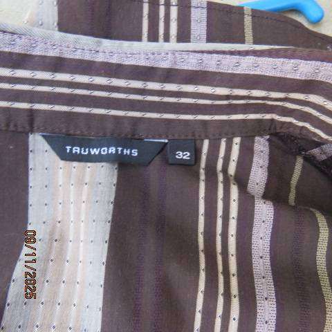 TRUWORTHS brown-ecru-beige vertical striped button down long tailored top size 32