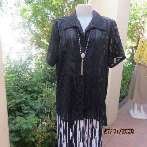 Black opaque embossed sheer polyester button down top with open collar. Size 42.