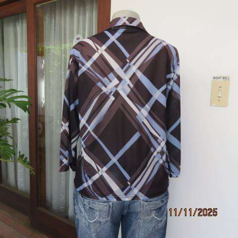 Geometric printed brown-black-cream-blue slip over stretch polyester top size 38-40