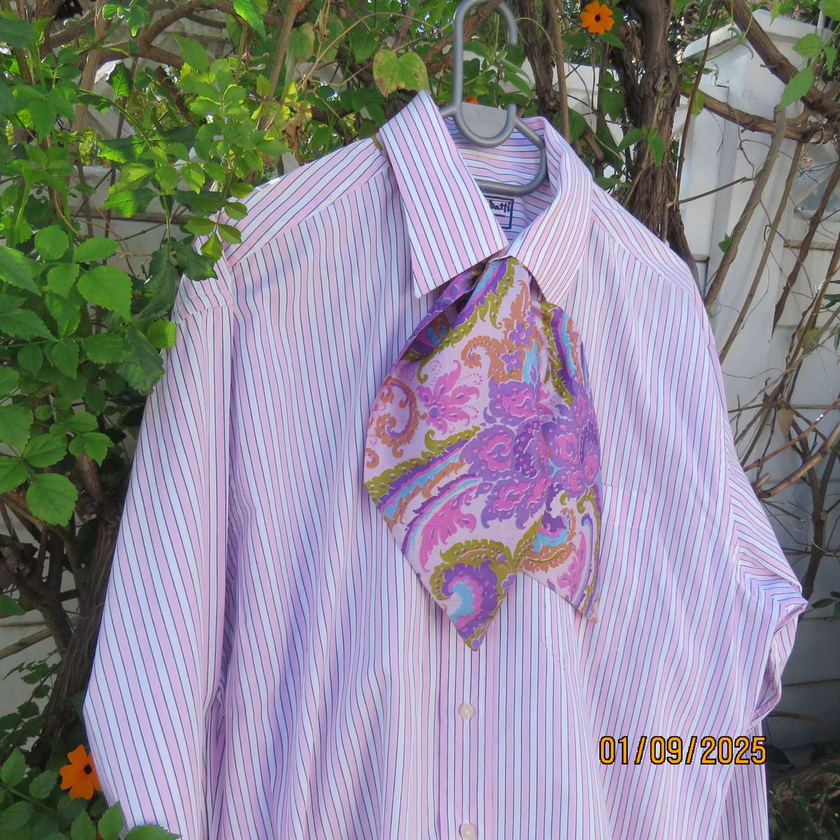 Men's silky bohemian patterned cravat. Cheerful pink lilac and blue. As new condition.