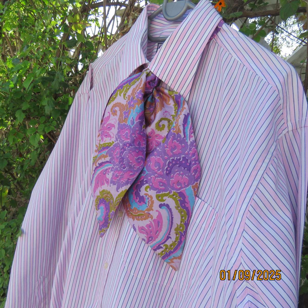 Men's silky bohemian patterned cravat. Cheerful pink lilac and blue. As new condition.
