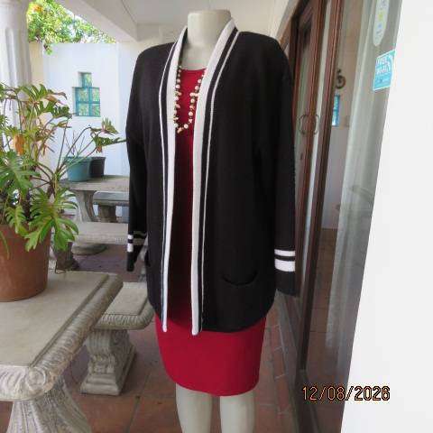 MERIEN HALL black double knit acrylic open cardigan with white edging and stripe cuffs, size 40