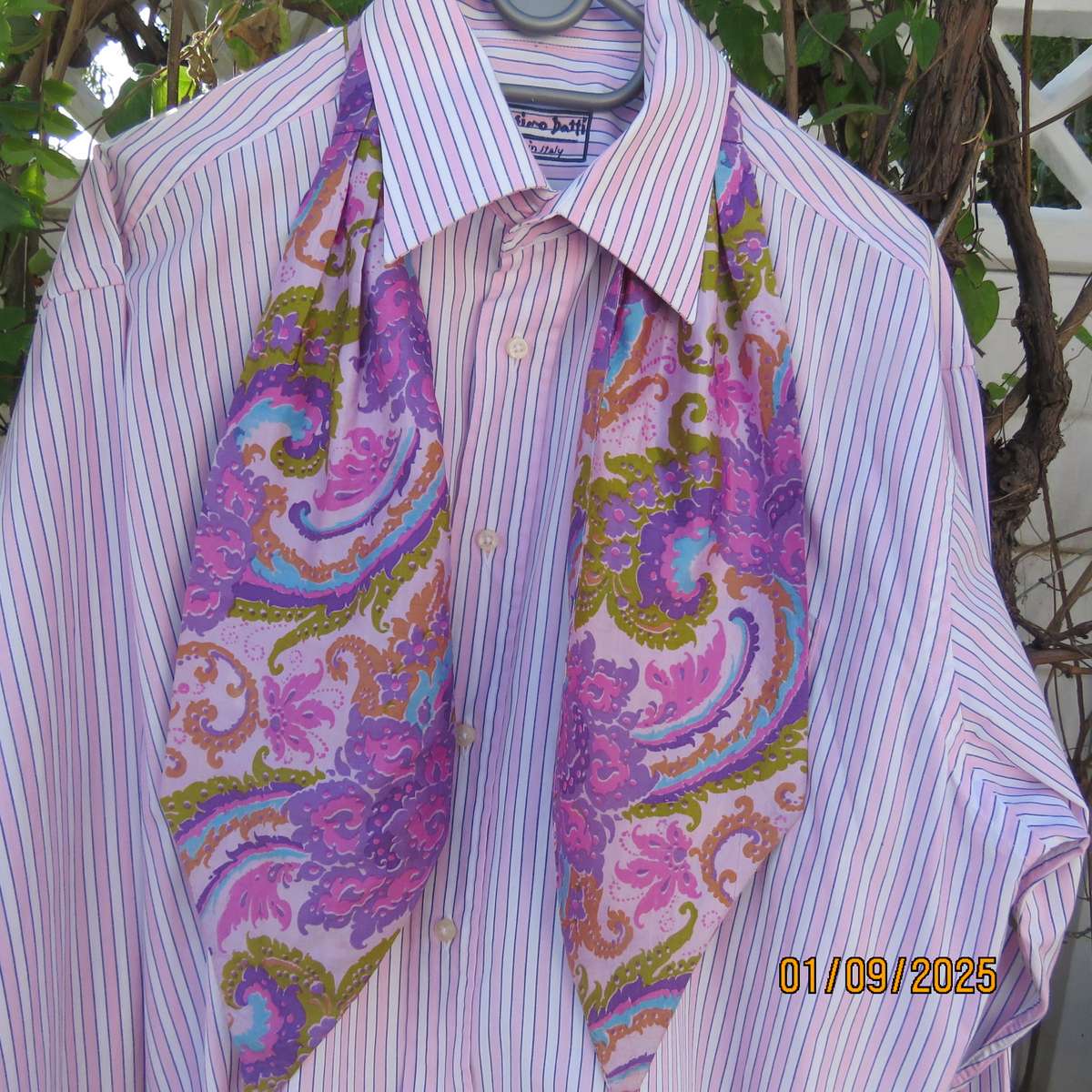 Men's silky bohemian patterned cravat. Cheerful pink lilac and blue. As new condition.