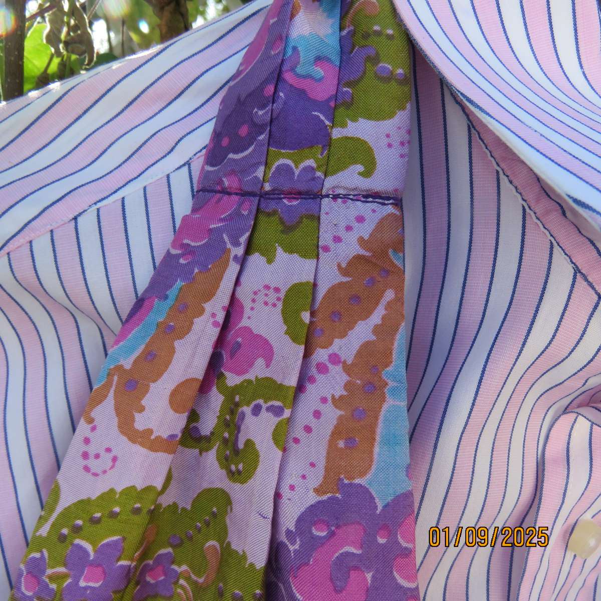 Men's silky bohemian patterned cravat. Cheerful pink lilac and blue. As new condition.