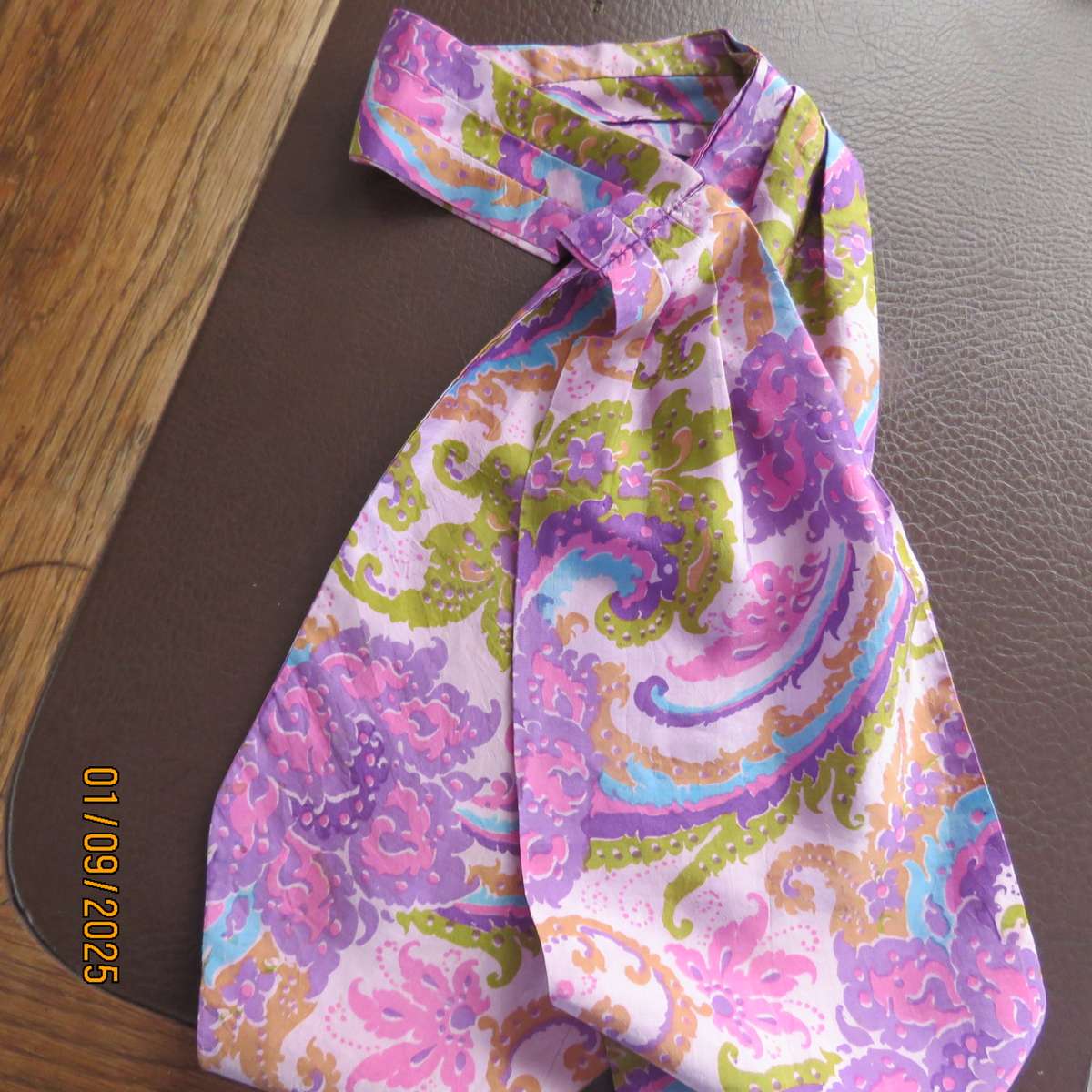 Men's silky bohemian patterned cravat. Cheerful pink lilac and blue. As new condition.