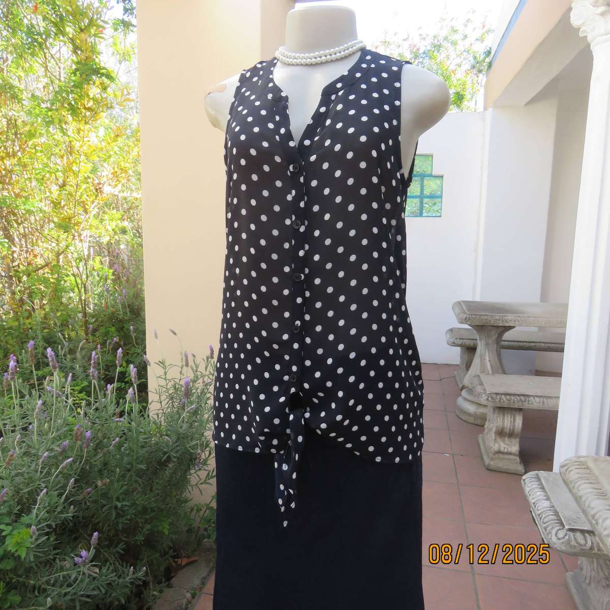 MAURICES navy-white polkadot button down top in sheer polyester. Size 33.