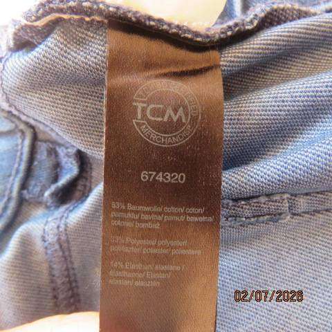 T C M blue denim polycotton stretch jeggings with back pockets, elastic waist, size 34-36
