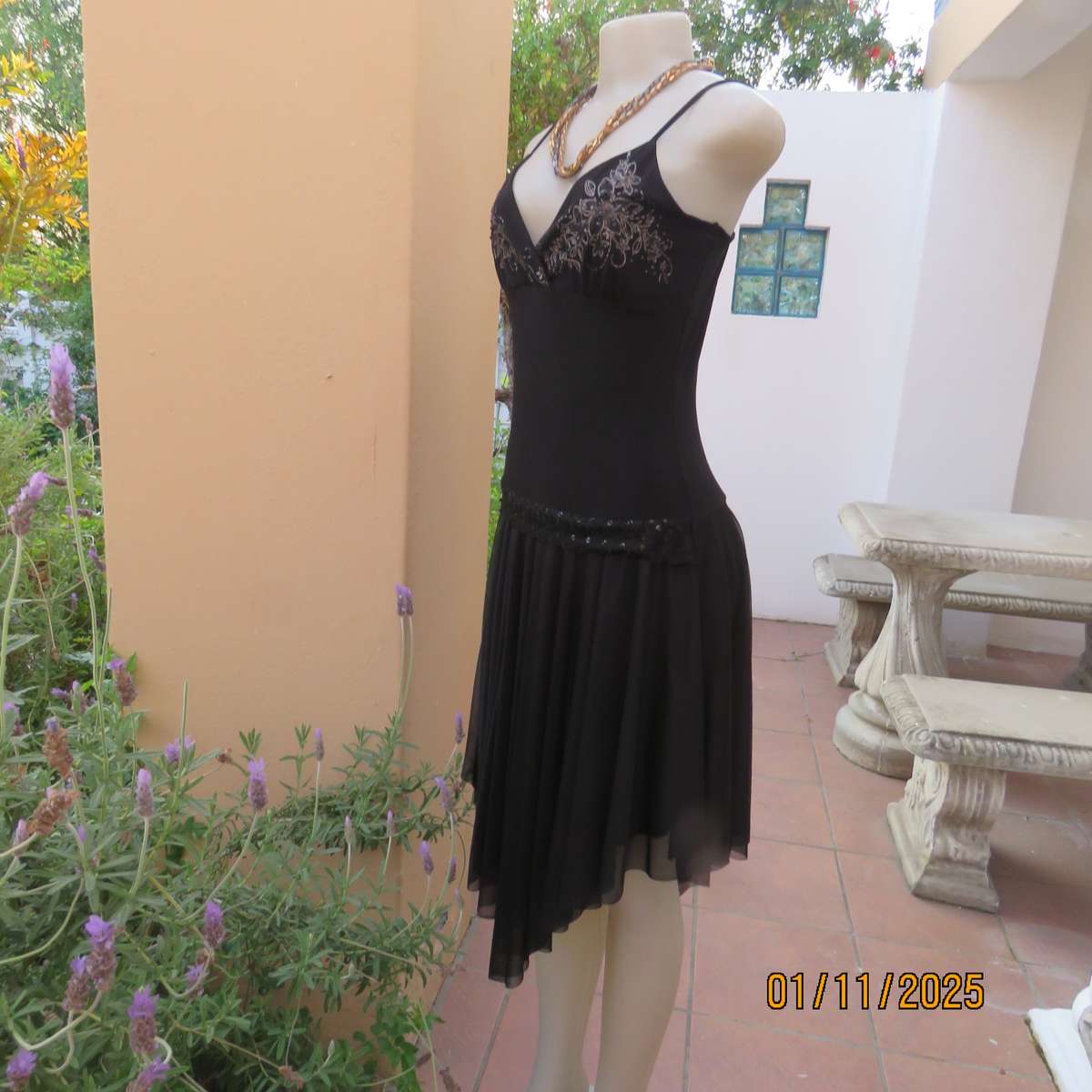 NAPOLI black evening strappy dress in stretch polyester. Richly embellished. Dropped waist.Size 34.