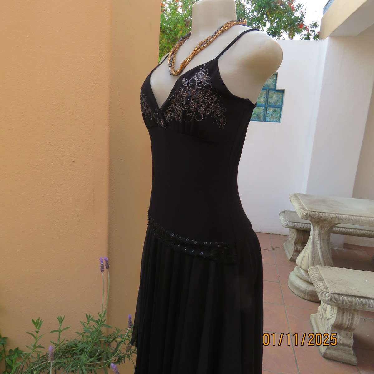 NAPOLI black evening strappy dress in stretch polyester. Richly embellished. Dropped waist.Size 34.