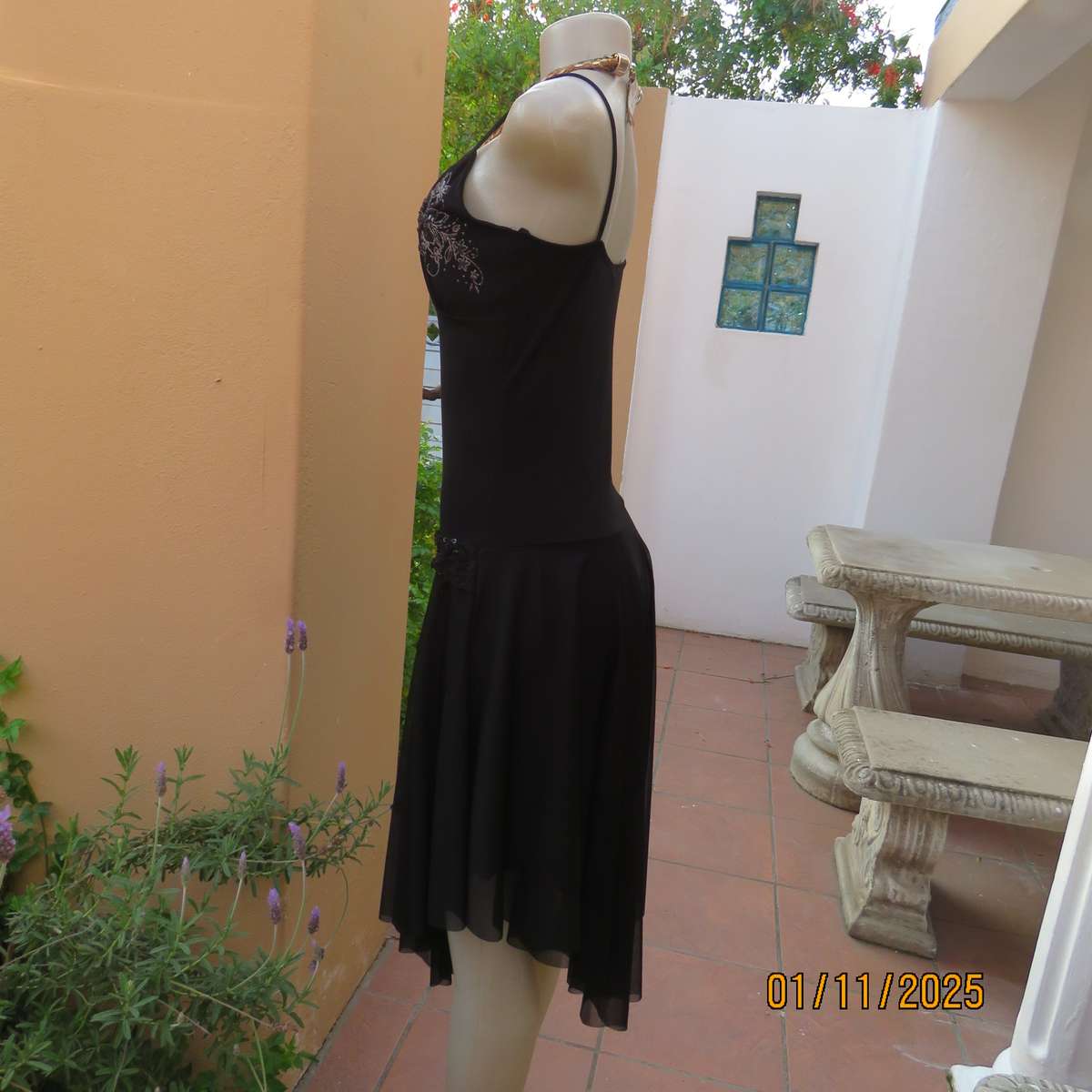 NAPOLI black evening strappy dress in stretch polyester. Richly embellished. Dropped waist.Size 34.