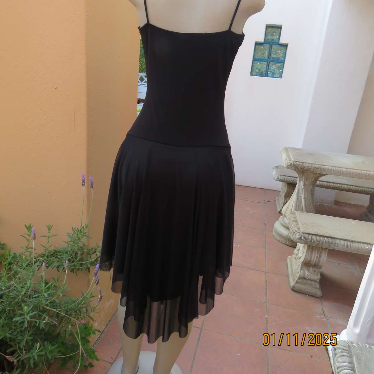 NAPOLI black evening strappy dress in stretch polyester. Richly embellished. Dropped waist.Size 34.
