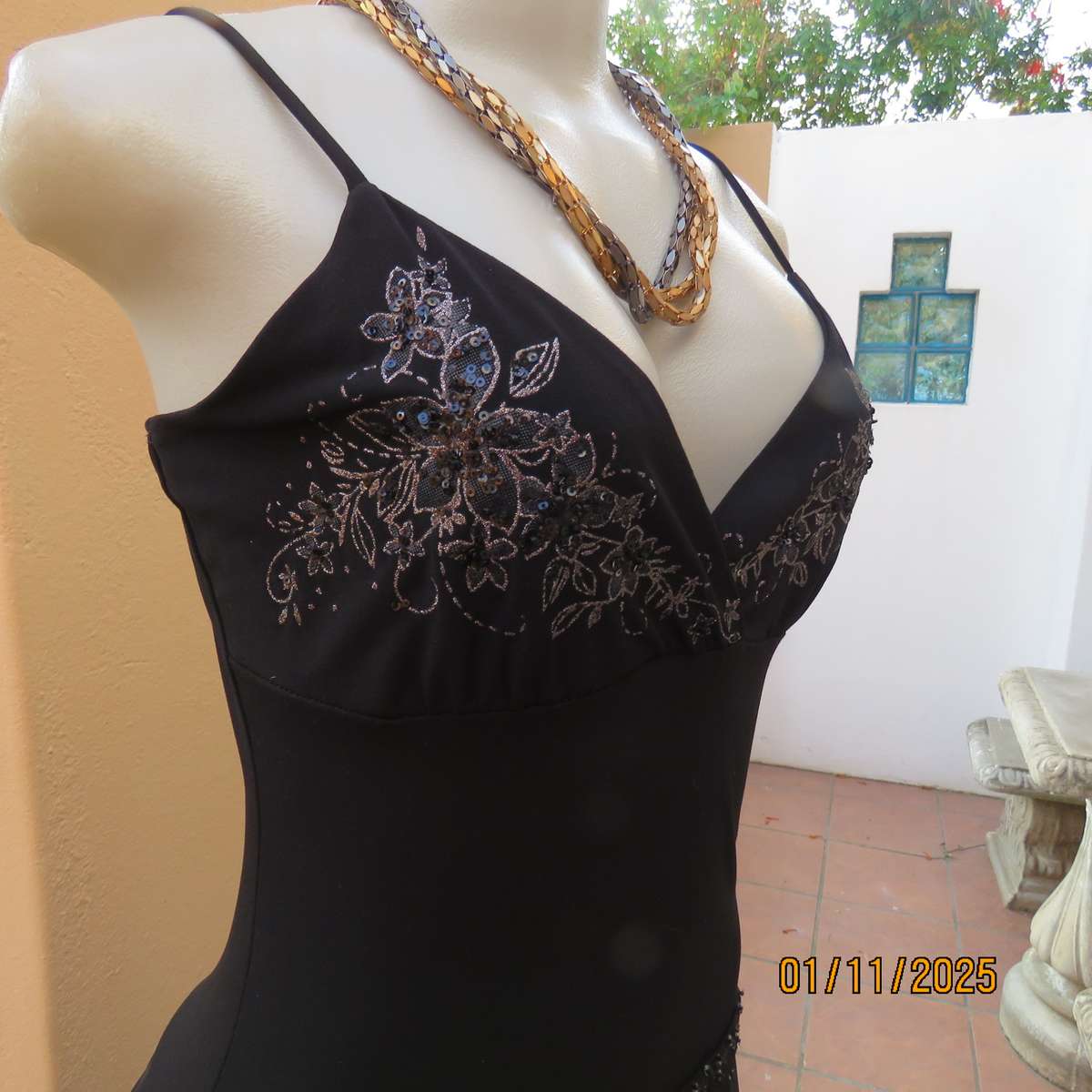 NAPOLI black evening strappy dress in stretch polyester. Richly embellished. Dropped waist.Size 34.