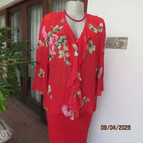 KELSO red creased polyester long sleeve top with floral print, size 40-42
