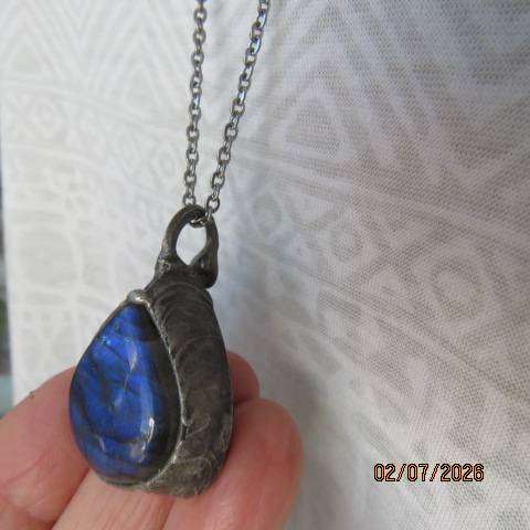 Blue Fire Labradorite Pear Pendant- "Stone of Magic"  in Ornate Pewter Setting with Chain