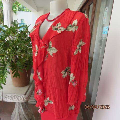 KELSO red creased polyester long sleeve top with floral print, size 40-42