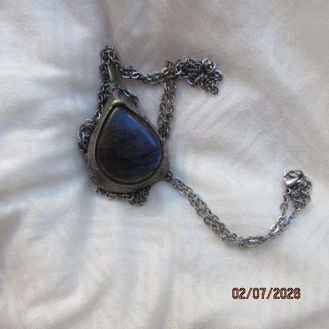 Blue Fire Labradorite Pear Pendant- "Stone of Magic"  in Ornate Pewter Setting with Chain