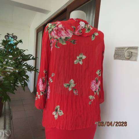 KELSO red creased polyester long sleeve top with floral print, size 40-42