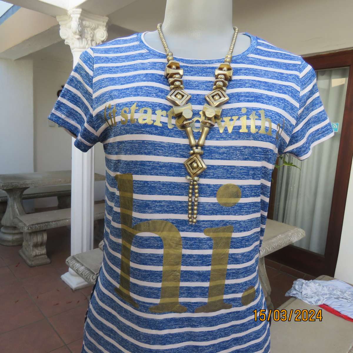 NOBILITY long blue-white horizontal striped slip over top. Size 30. In polycotton stretch.