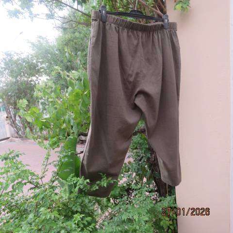 Crocodile green cropped pant in linen-polyester blend. Side pockets. Size 46