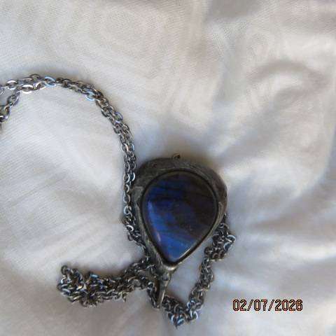 Blue Fire Labradorite Pear Pendant- "Stone of Magic"  in Ornate Pewter Setting with Chain