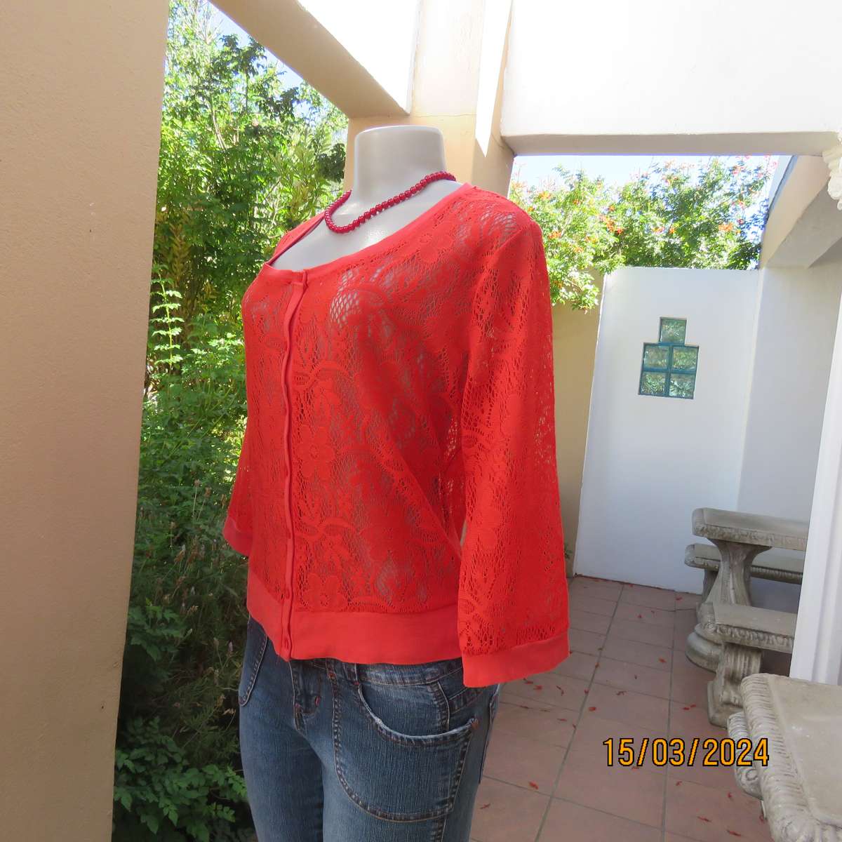 AUDACITY red see through polyester lace button down cover up. Size 36. Ribbed hems