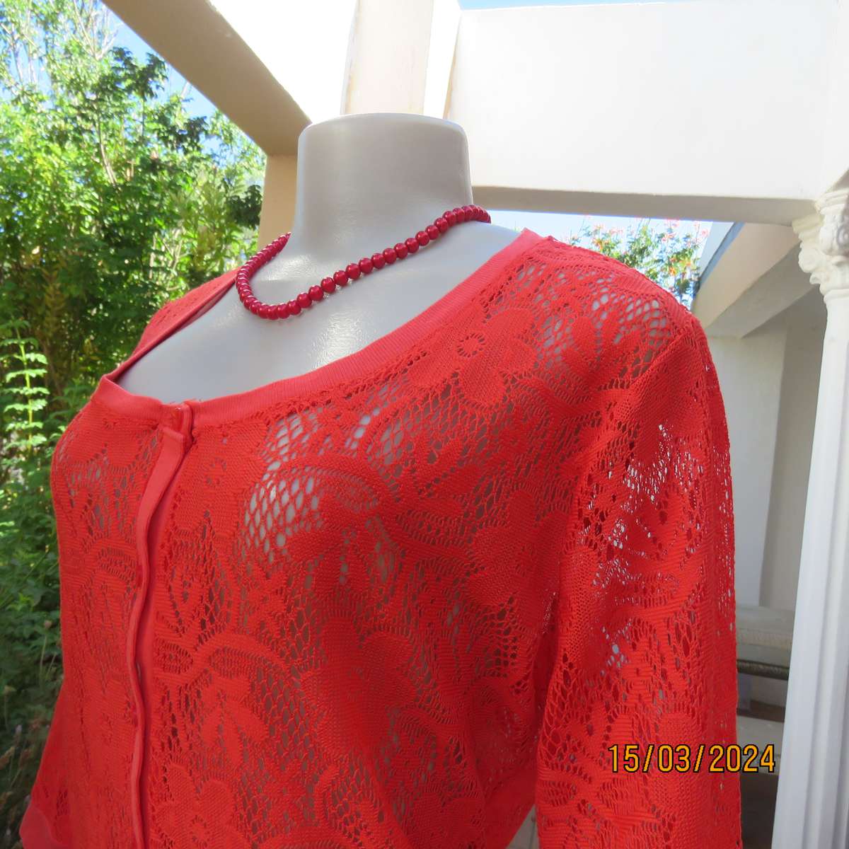 AUDACITY red see through polyester lace button down cover up. Size 36. Ribbed hems