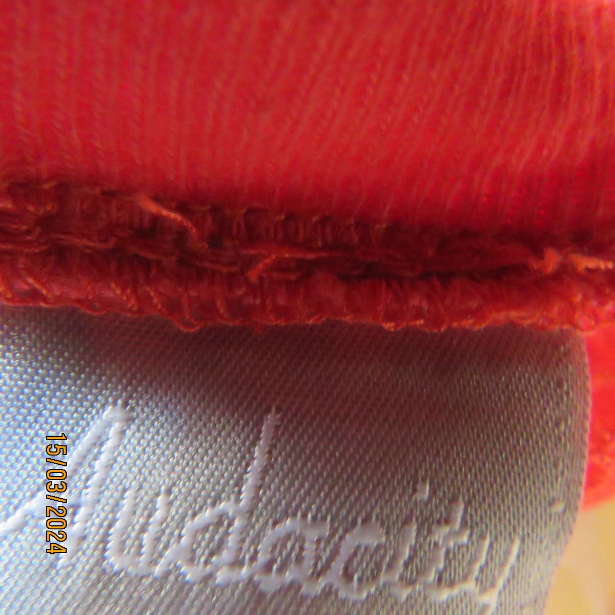 AUDACITY red see through polyester lace button down cover up. Size 36. Ribbed hems