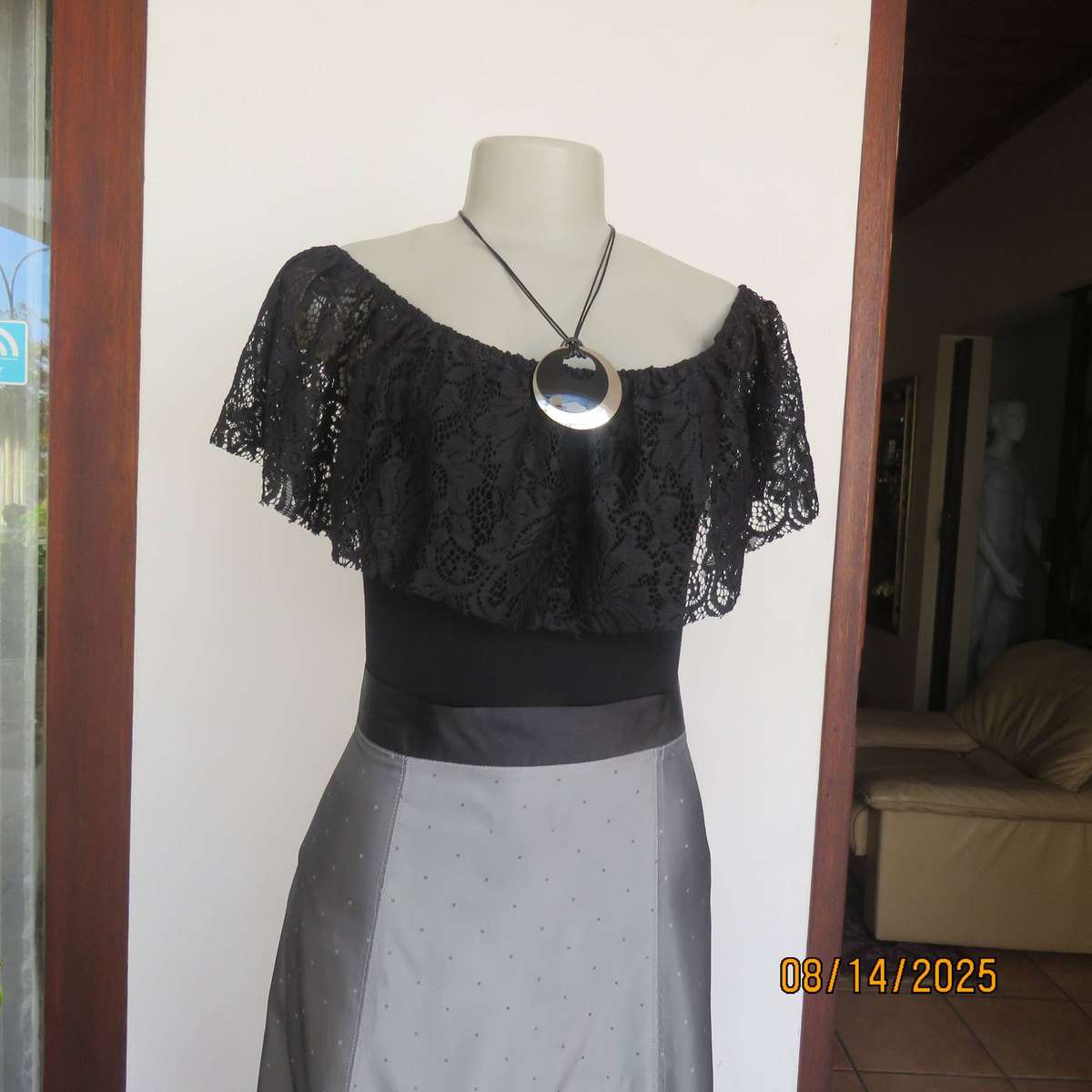 Black stretch viscose body shirt with wide polyester lace collar. Size 36