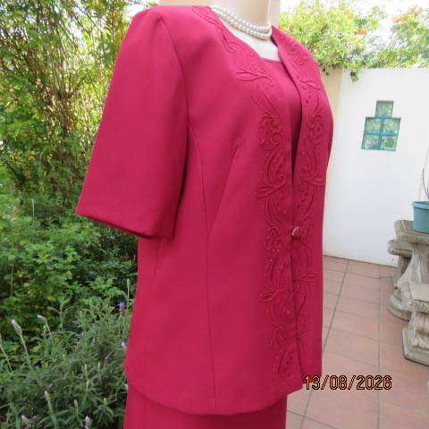 KARISMA ruby pink 3-piece pencil skirt, cami top & embellished jacket set, size 38