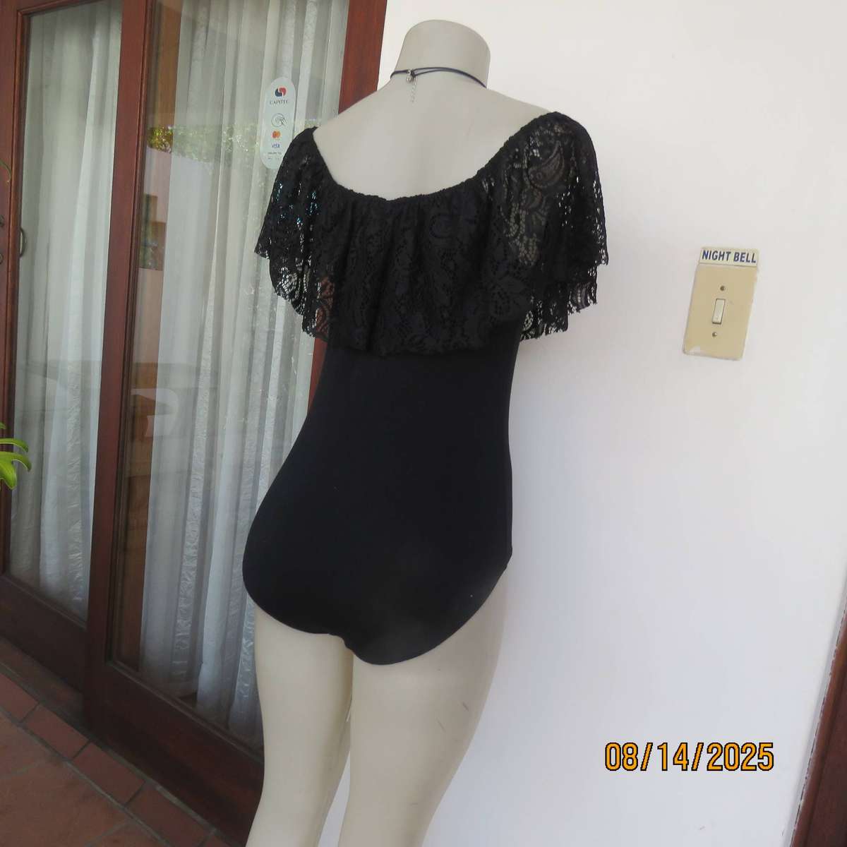Black stretch viscose body shirt with wide polyester lace collar. Size 36
