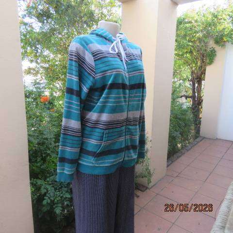 IISTINCT warm stretch polyester velvet zip-up long sleeve jacket in jade-grey stripes, size 38