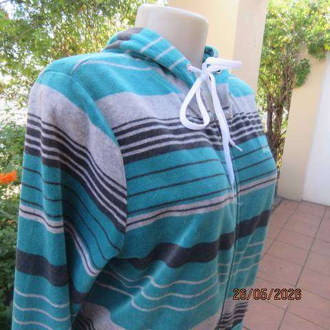 IISTINCT warm stretch polyester velvet zip-up long sleeve jacket in jade-grey stripes, size 38