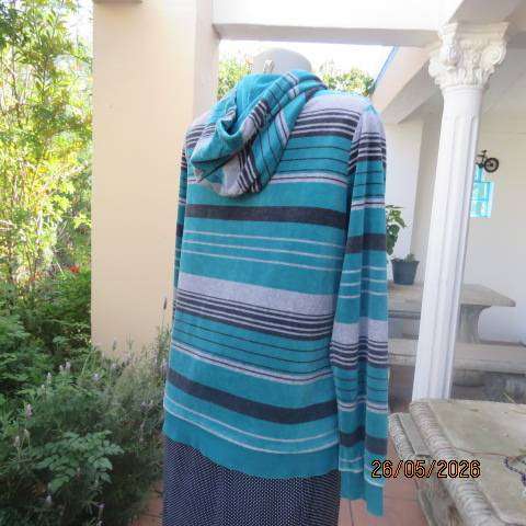IISTINCT warm stretch polyester velvet zip-up long sleeve jacket in jade-grey stripes, size 38