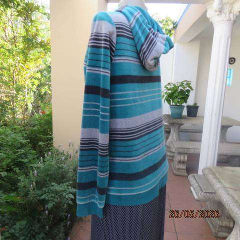 IISTINCT warm stretch polyester velvet zip-up long sleeve jacket in jade-grey stripes, size 38