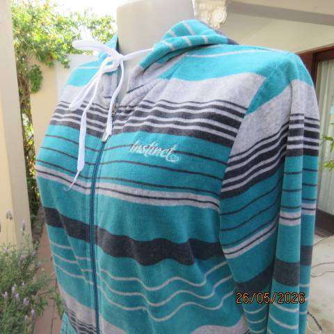IISTINCT warm stretch polyester velvet zip-up long sleeve jacket in jade-grey stripes, size 38
