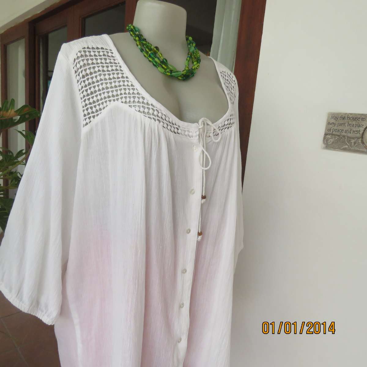 DONNA CLAIRE white creased cotton size 50 button down top. Lace-embroidered yoke.