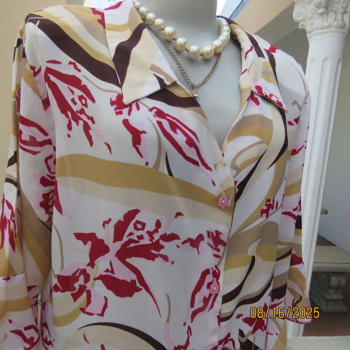 MICHAELA button down cream -maroon-brown print top with open collar. Size 38