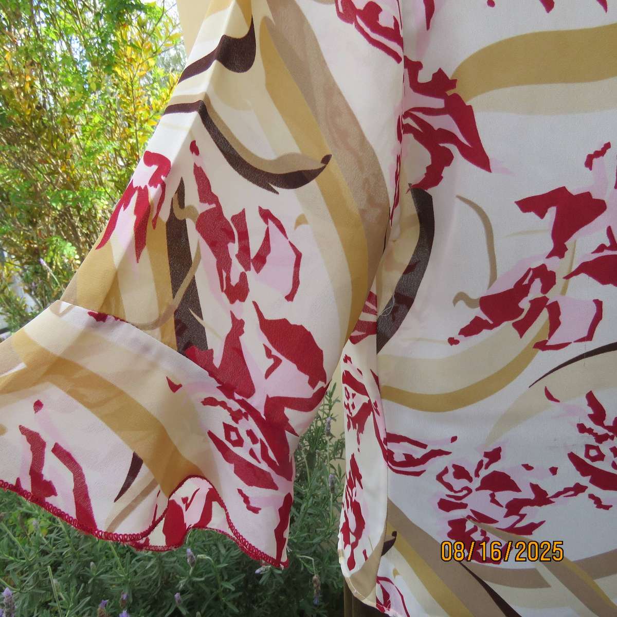 MICHAELA button down cream -maroon-brown print top with open collar. Size 38
