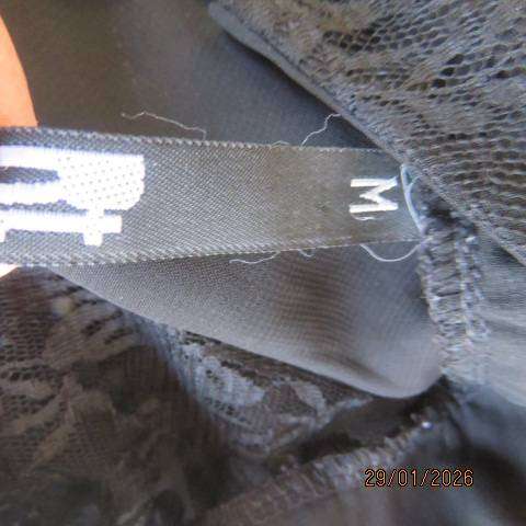 Black sleeveless sheer polyester top with lace front yoke. Opening at back. Size 34
