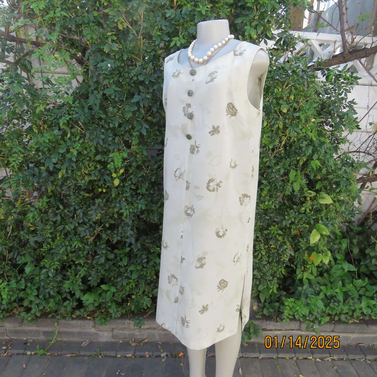 Boutique made sage green shift sleeveless dress with olive green flowers, Size 38. Side slit. As new