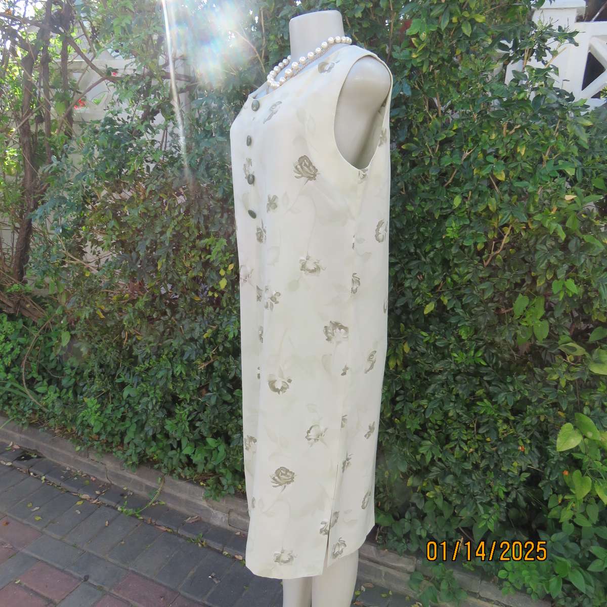 Boutique made sage green shift sleeveless dress with olive green flowers, Size 38. Side slit. As new