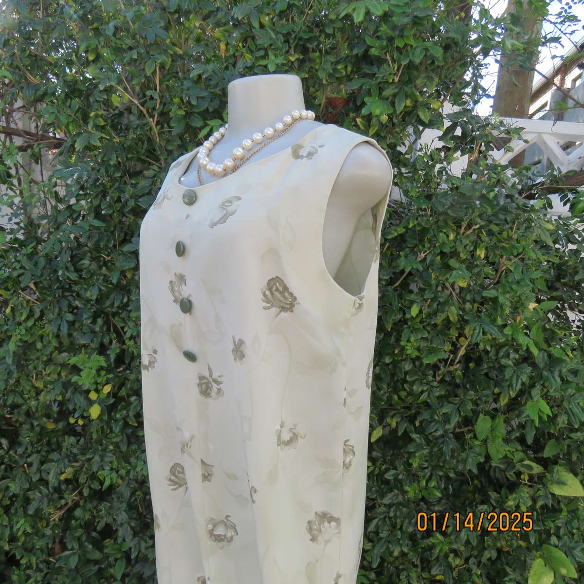 Boutique made sage green shift sleeveless dress with olive green flowers, Size 38. Side slit. As new