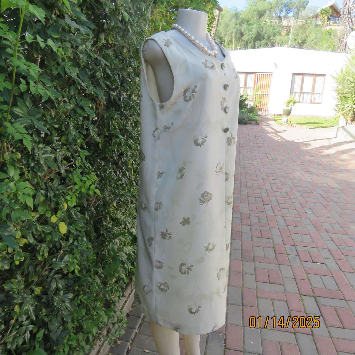 Boutique made sage green shift sleeveless dress with olive green flowers, Size 38. Side slit. As new